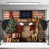 Lofaris Cabin Wood Window Stack Elk Tree Christmas Backdrop